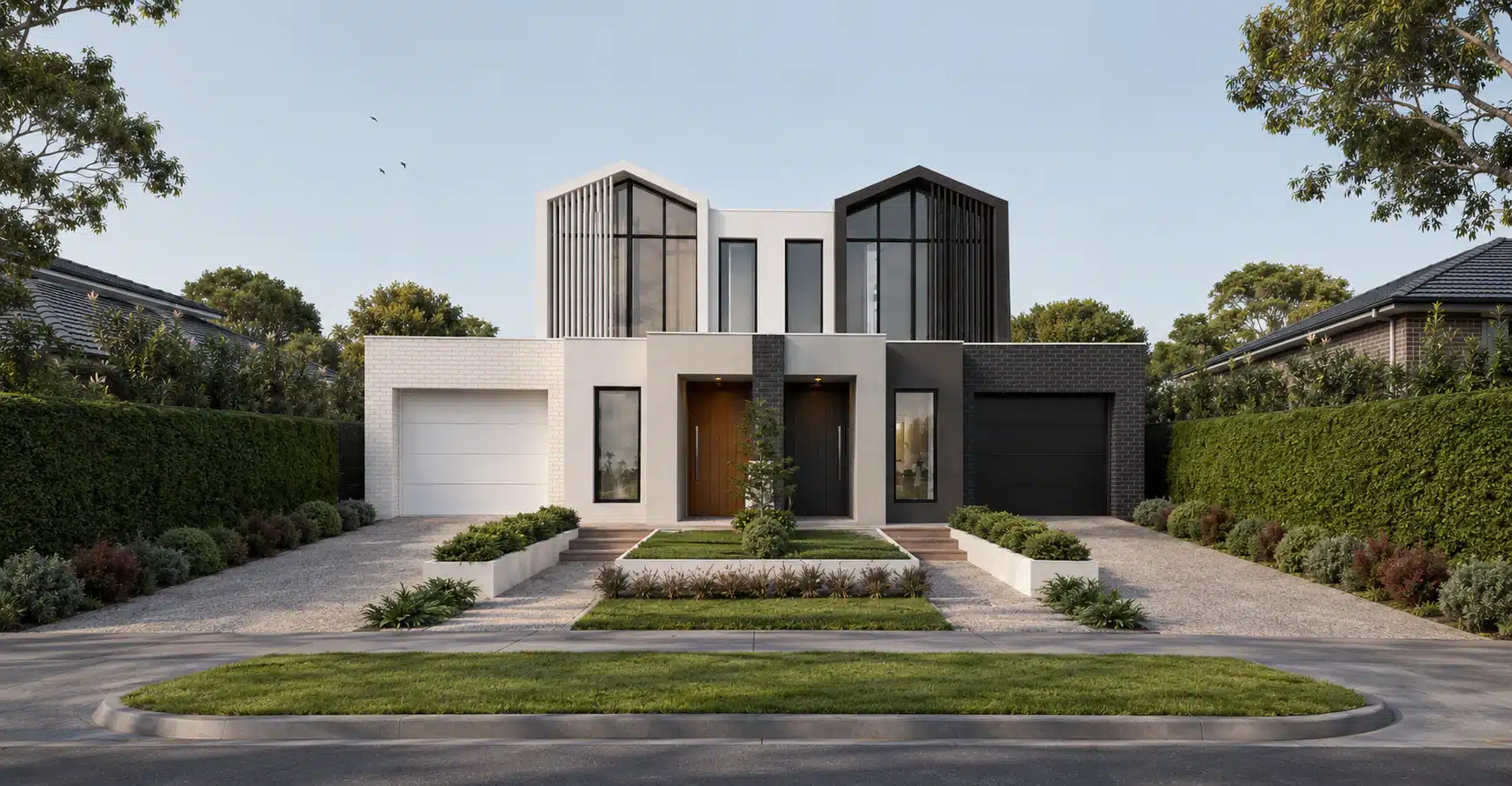 Lumière dual occupancy in Pascoe Vale by Senka Homes, mirrored double storey facade in white and charcoal brick