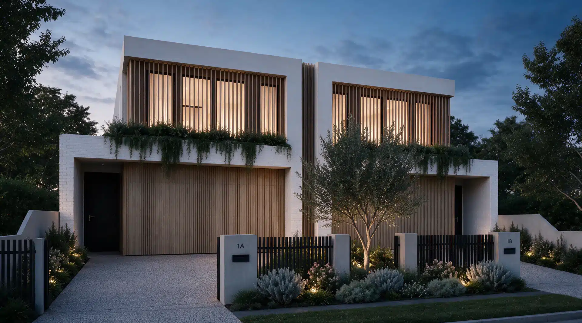 Dual occupancy by Senka Homes with vertical timber batten screening