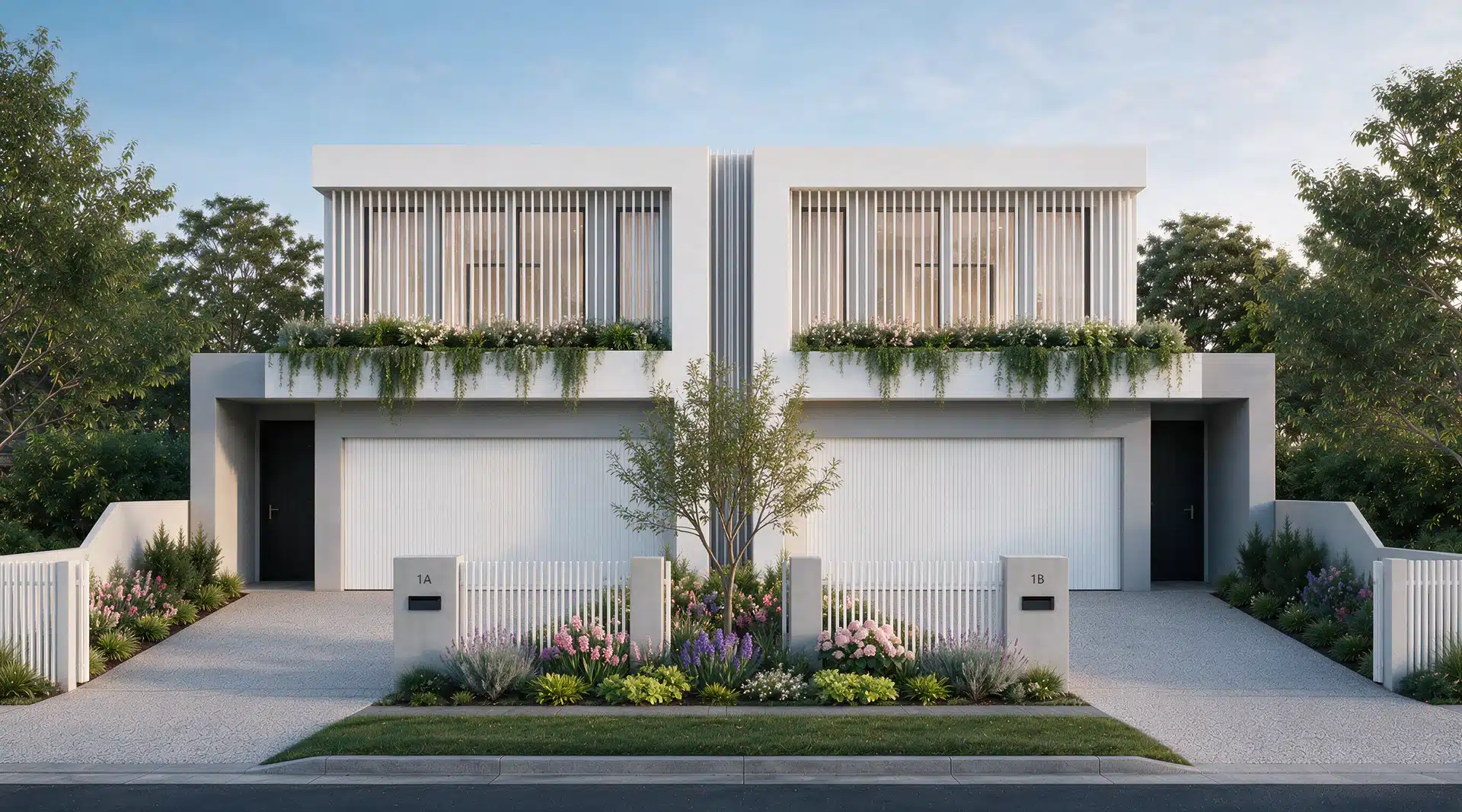 Dual occupancy by Senka Homes in white render with timber batten screening and planter boxes