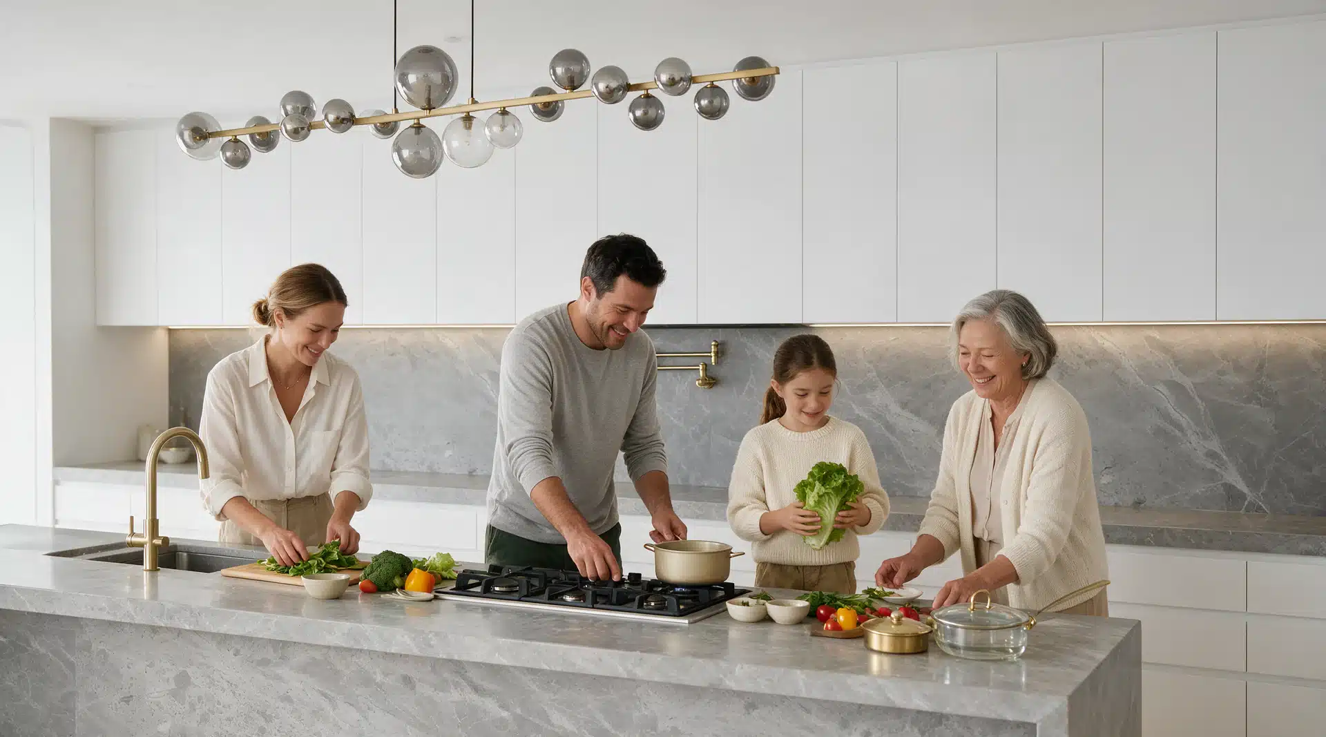 Three generations cooking together in a Senka Homes kitchen