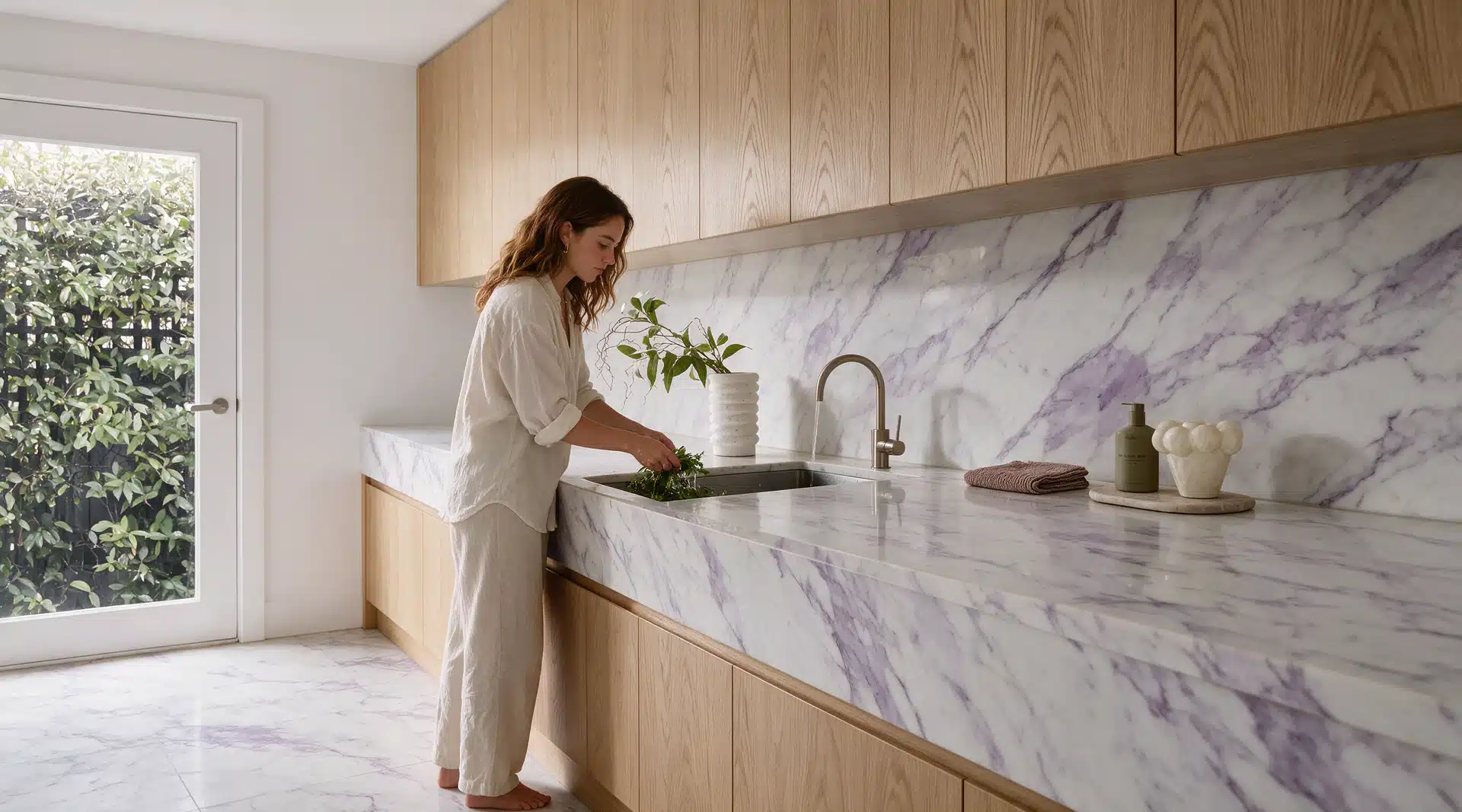 Marble island benchtop in a duplex kitchen built by Senka Homes
