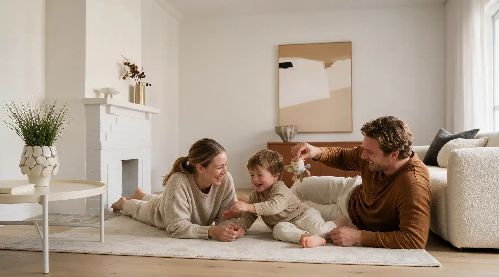 Family relaxing in the living room of a completed Senka Homes build