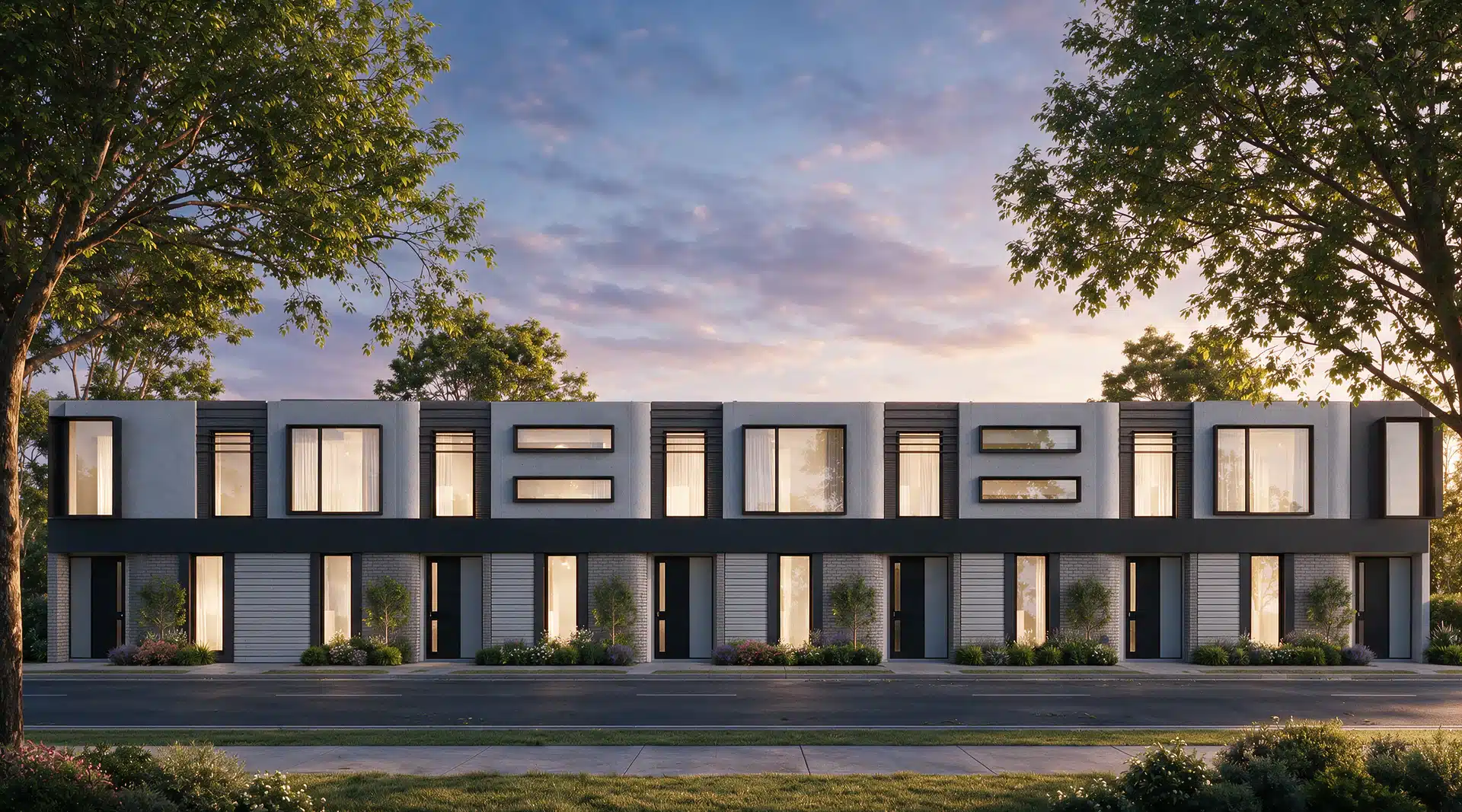 Townhouse development by Senka Homes at dusk