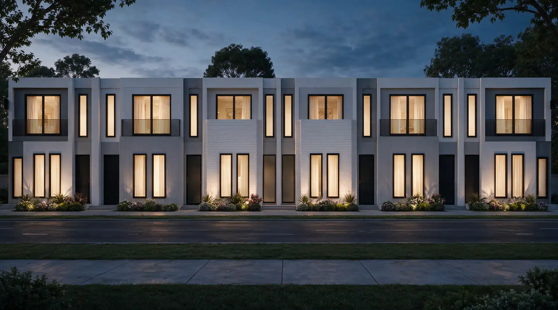Row of townhouses built by Senka Homes at dusk