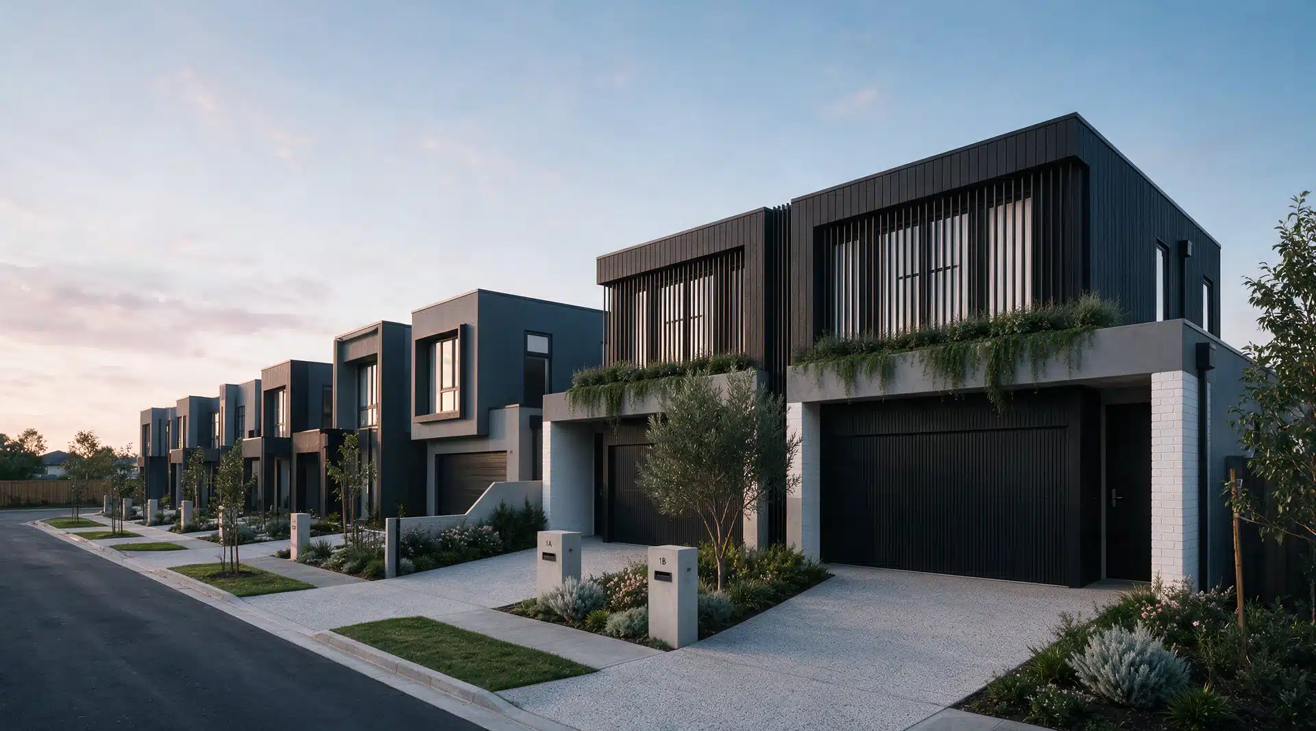 Senka Homes townhouse streetscape at golden hour